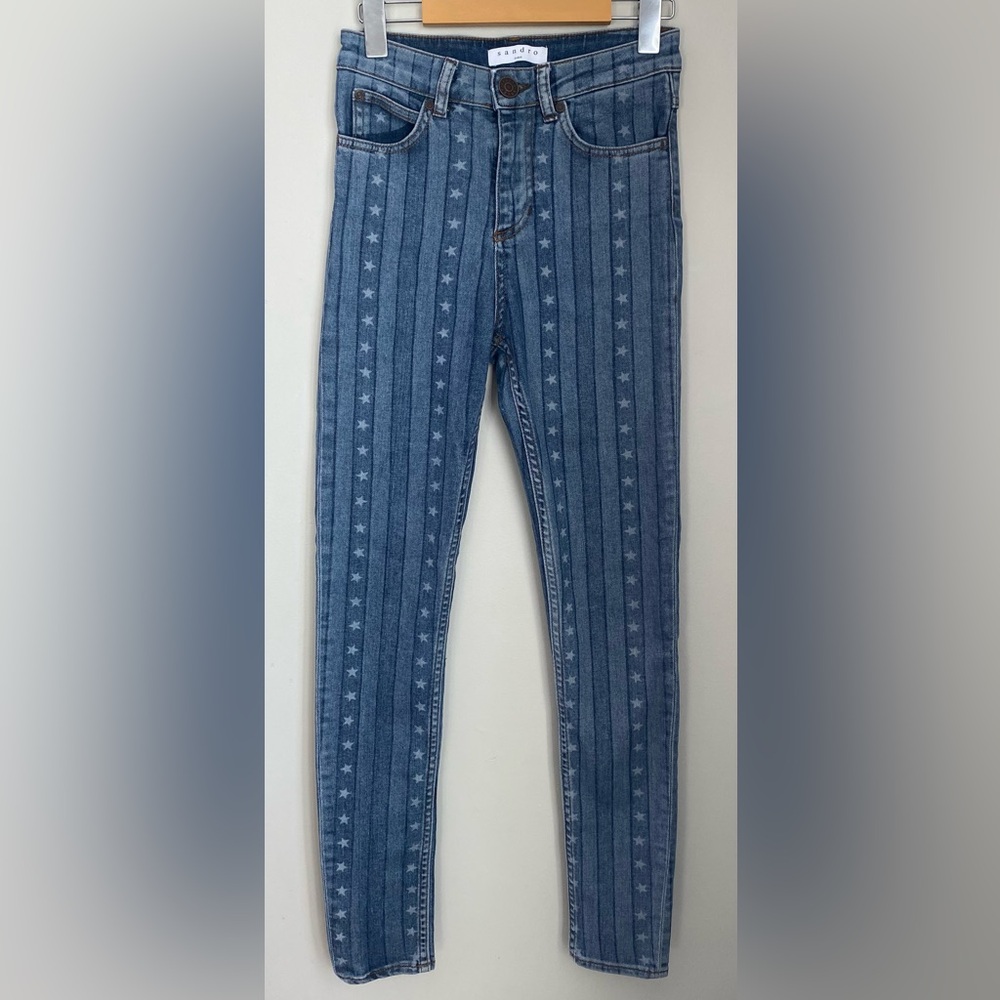 SANDRO Paris Star-print Skinny Mid-rise Jeans In Blue Ladies 34 or US 2 - Picture 2 of 13